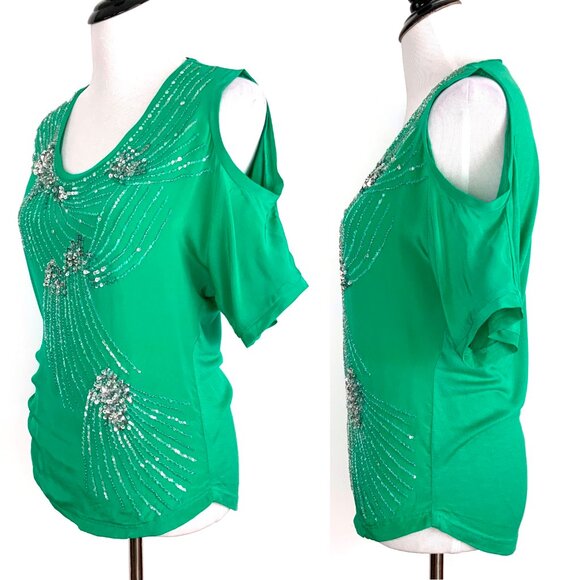 Antropologie YOANA BARASCHI Silk Sequined Emerald Green Top Sz S - Picture 2 of 16